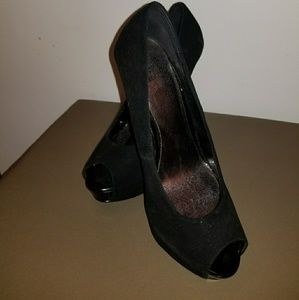 Black Suede peep toe pumps